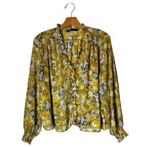 Zara Shirt Women Small Yellow Floral Print Jacquard Ruffle Front Blouse‎ Boho